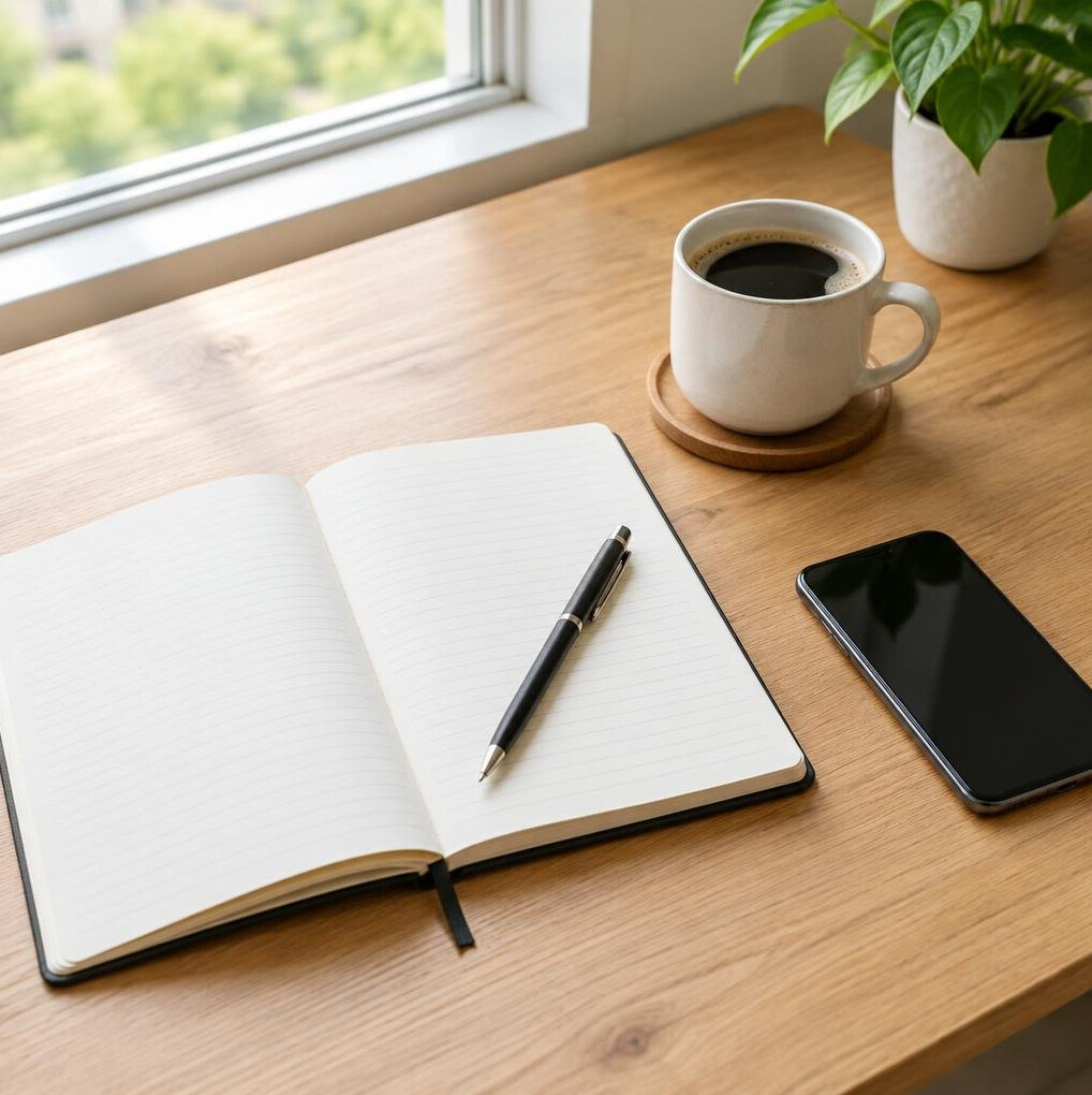 Open notebook and pen on a desk next to a smartphone, ready for correspondence